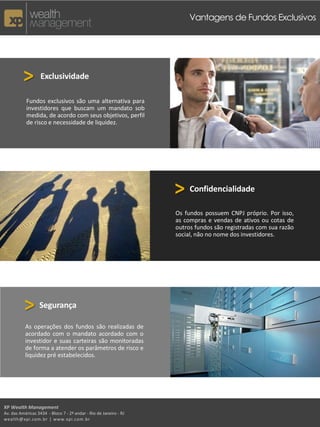 Vantagens de Fundos Exclusivos




          >        Exclusividade

           Fundos exclusivos são uma alternativa para
           investidores que buscam um mandato sob
           medida, de acordo com seus objetivos, perfil
           de risco e necessidade de liquidez.




                                                                   > Confidencialidade
                                                                   Os fundos possuem CNPJ próprio. Por isso,
                                                                   as compras e vendas de ativos ou cotas de
                                                                   outros fundos são registradas com sua razão
                                                                   social, não no nome dos investidores.




          > Segurança
           As operações dos fundos são realizadas de
           acordado com o mandato acordado com o
           investidor e suas carteiras são monitoradas
           de forma a atender os parâmetros de risco e
           liquidez pré estabelecidos.




XP Wealth Management
Av. das Américas 3434 - Bloco 7 - 2º andar - Rio de Janeiro - RJ
wealth@xpi.com.br | www.xpi.com.br
 