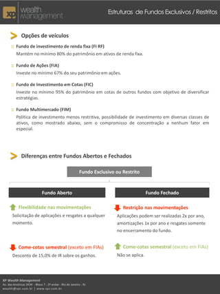 Estruturas de Fundos Exclusivos / Restritos



     > Opções de veículos
      :: Fundo de investimento de renda fixa (FI RF)
          Mantém no mínimo 80% do patrimônio em ativos de renda fixa.

      :: Fundo de Ações (FIA)
          Investe no mínimo 67% do seu patrimônio em ações.

      :: Fundo de Investimento em Cotas (FIC)
          Investe no mínimo 95% do patrimônio em cotas de outros fundos com objetivo de diversificar
          estratégias.

      :: Fundo Multimercado (FIM)
          Política de investimento menos restritiva, possibilidade de investimento em diversas classes de
          ativos, como mostrado abaixo, sem o compromisso de concentração a nenhum fator em
          especial.




     > Diferenças entre Fundos Abertos e Fechados
                                                           Fundo Exclusivo ou Restrito


                              Fundo Aberto                                                  Fundo Fechado

            Flexibilidade nas movimentações                                   Restrição nas movimentações
       Solicitação de aplicações e resgates a qualquer                     Aplicações podem ser realizadas 2x por ano,
       momento.                                                            amortizações 1x por ano e resgates somente
                                                                           no encerramento do fundo.


            Come-cotas semestral (exceto em FIAs)                             Come-cotas semestral (exceto em FIAs)
       Desconto de 15,0% de IR sobre os ganhos.                            Não se aplica.




XP Wealth Management
Av. das Américas 3434 - Bloco 7 - 2º andar - Rio de Janeiro - RJ
wealth@xpi.com.br | www.xpi.com.br
 