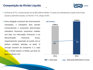 Composição da Dívida Líquida

  Ao final do 2T12, a dívida líquida era de R$ 2.959,8 milhões. O índice de endividamento (razão entre dívida
     líquida e patrimônio líquido), ao final do 1T12, atingiu 63,8%.

                                                                                                    2.959,8
  Como obrigação contratual dos financiamentos                    (R$ milhões)
                                                        2.801,0
     contratados,    a   Companhia        deve   atender                    2.564,1
                                                        2.451,0
     trimestralmente e anualmente determinados
     indicadores financeiros (covenants) medidos
                                               2.101,0


     com base nas informações trimestrais e nas
                                              1.751,0

     demonstrações              financeiras      anuais,
                                                       1.401,0

     respectivamente, preparadas de acordo com as                                                       2,0
                                                        1.051,0
                                                                             1,8
     práticas contábeis adotadas no Brasil. O
                                                           701,0
     principal covenant da Companhia é a razão
     entre a Dívida Líquida e o Ebitda, que deve ser 351,0
     igual ou inferior a 3,5.                                1,0
                                                                              4T11                    2T12

                                                                       Dívida Líquida   Dívida Líquida /EBITDA (Últimos 12 meses)


                                                                                                     Sua energia
17                                                                                                   NOS INSPIRA
 