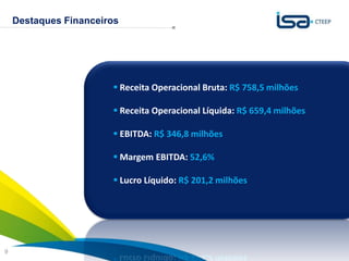 Destaques Financeiros




                        Receita Operacional Bruta: R$ 758,5 milhões

                        Receita Operacional Líquida: R$ 659,4 milhões

                        EBITDA: R$ 346,8 milhões

                        Margem EBITDA: 52,6%

                        Lucro Líquido: R$ 201,2 milhões




                                                               Sua energia
9                                                              NOS INSPIRA
 