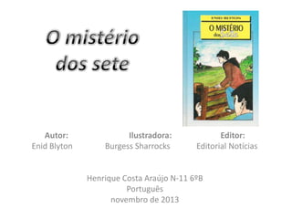 Autor:
Enid Blyton

Ilustradora:
Burgess Sharrocks

Editor:
Editorial Notícias

Henrique Costa Araújo N-11 6ºB
Português
novembro de 2013

 