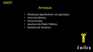 SWOT
Ameaças
• Mudanças Significativas na Legislação;
• Crise Econômica;
• Concorrentes;
• Ausência do Poder Público;
• Doações de Terceiros.
 