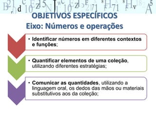 OBJETIVOS ESPECÍFICOS
Eixo: Números e operações
• Identificar números em diferentes contextos
e funções;
• Quantificar elementos de uma coleção,
utilizando diferentes estratégias;
• Comunicar as quantidades, utilizando a
linguagem oral, os dedos das mãos ou materiais
substitutivos aos da coleção;
 