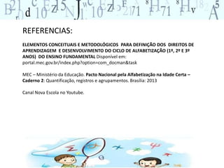 REFERENCIAS:
ELEMENTOS CONCEITUAIS E METODOLÓGICOS PARA DEFINIÇÃO DOS DIREITOS DE
APRENDIZAGEM E DESENVOLVIMENTO DO CICLO DE ALFABETIZAÇÃO (1º, 2º E 3º
ANOS) DO ENSINO FUNDAMENTAL Disponível em:
portal.mec.gov.br/index.php?option=com_docman&task
MEC – Ministério da Educação. Pacto Nacional pela Alfabetização na Idade Certa –
Caderno 2: Quantificação, registros e agrupamentos. Brasília: 2013
Canal Nova Escola no Youtube.
 