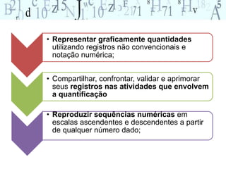 • Representar graficamente quantidades
utilizando registros não convencionais e
notação numérica;
• Compartilhar, confrontar, validar e aprimorar
seus registros nas atividades que envolvem
a quantificação
• Reproduzir sequências numéricas em
escalas ascendentes e descendentes a partir
de qualquer número dado;
 
