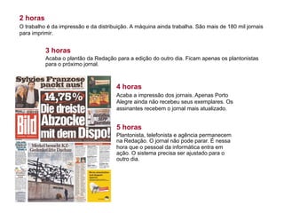 2 horas
O trabalho é da impressão e da distribuição. A máquina ainda trabalha. São mais de 180 mil jornais
para imprimir.
4 horas
Acaba a impressão dos jornais. Apenas Porto
Alegre ainda não recebeu seus exemplares. Os
assinantes recebem o jornal mais atualizado.
3 horas
Acaba o plantão da Redação para a edição do outro dia. Ficam apenas os plantonistas
para o próximo jornal.
5 horas
Plantonista, telefonista e agência permanecem
na Redação. O jornal não pode parar. É nessa
hora que o pessoal da informática entra em
ação. O sistema precisa ser ajustado para o
outro dia.
 