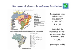Recursos hídricos subterrâneos Brasileiros
Reservas de água
subterrânea
112.000 km3
= 1,12 x 1017 l
(~1,1%)
Contribuição
multianual média à
descarga dos rios
2.400 km3 / ano
(~18,5%)
(Rebouças, 1988)
 
