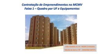 Contratação de Empreendimentos no MCMV
Faixa 1 – Quadro por UF e Equipamentos
João Cândido A e B – MCMV Entidades
Taboão da Serra / SP – AMAENM (MTST)
 