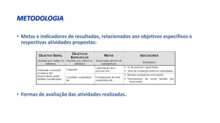 METODOLOGIA
• Metas e indicadores de resultados, relacionados aos objetivos específicos e
respectivas atividades propostas:
• Formas de avaliação das atividades realizadas.
 