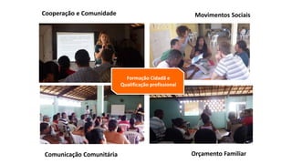 Cooperação e Comunidade
Comunicação Comunitária Orçamento Familiar
Movimentos Sociais
Formação Cidadã e
Qualificação profissional
 
