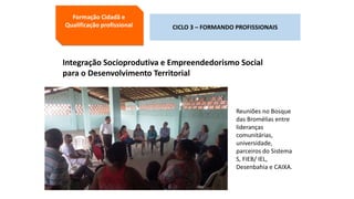 Integração Socioprodutiva e Empreendedorismo Social
para o Desenvolvimento Territorial
Reuniões no Bosque
das Bromélias entre
lideranças
comunitárias,
universidade,
parceiros do Sistema
S, FIEB/ IEL,
Desenbahia e CAIXA.
Formação Cidadã e
Qualificação profissional CICLO 3 – FORMANDO PROFISSIONAIS
 