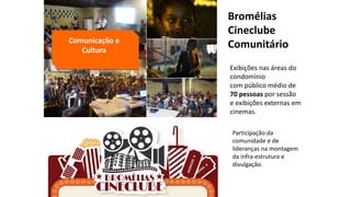 Bromélias
Cineclube
Comunitário
Exibições nas áreas do
condomínio
com público médio de
70 pessoas por sessão
e exibições externas em
cinemas.
Participação da
comunidade e de
lideranças na montagem
da infra-estrutura e
divulgação.
Comunicação e
Cultura
 