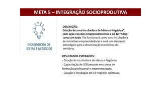 DESCRIÇÃO:
Criação de uma Incubadora de Ideias e Negócios”,
com ação nos dois empreendimentos e no território
como um todo. Ela funcionará como uma incubadora
de iniciativas empreendedoras e será um elemento
estratégico para a dinamização econômica do
território,
RESULTADOS ESPERADOS:
- Criação da incubadora de Ideias e Negócios
- Capacitação de 200 pessoas em cursos de
formação profissional e empreendedora;
- Criação e incubação de 03 negócios coletivos;
META 5 – INTEGRAÇÃO SOCIOPRODUTIVA
 