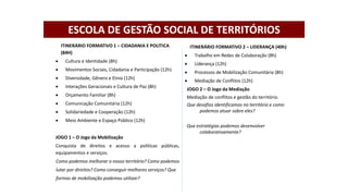 ITINERÁRIO FORMATIVO 1 – CIDADANIA E POLÍTICA
(84H)
 Cultura e Identidade (8h)
 Movimentos Sociais, Cidadania e Participação (12h)
 Diversidade, Gênero e Etnia (12h)
 Interações Geracionais e Cultura de Paz (8h)
 Orçamento Familiar (8h)
 Comunicação Comunitária (12h)
 Solidariedade e Cooperação (12h)
 Meio Ambiente e Espaço Público (12h)
JOGO 1 – O Jogo da Mobilização
Conquista de direitos e acesso a políticas públicas,
equipamentos e serviços.
Como podemos melhorar o nosso território? Como podemos
lutar por direitos? Como conseguir melhores serviços? Que
formas de mobilização podemos utilizar?
ITINERÁRIO FORMATIVO 2 – LIDERANÇA (40h)
 Trabalho em Redes de Colaboração (8h)
 Liderança (12h)
 Processos de Mobilização Comunitária (8h)
 Mediação de Conflitos (12h)
JOGO 2 – O Jogo da Mediação
Mediação de conflitos e gestão do território.
Que desafios identificamos no território e como
podemos atuar sobre eles?
Que estratégias podemos desenvolver
colaborativamente?
ESCOLA DE GESTÃO SOCIAL DE TERRITÓRIOS
 