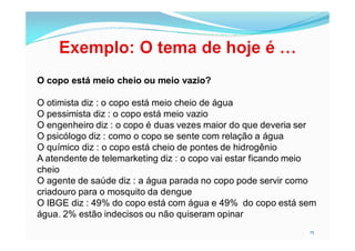 O copo está meio cheio ou meio vazio?

O otimista diz : o copo está meio cheio de água
O pessimista diz : o copo está meio vazio
O engenheiro diz : o copo é duas vezes maior do que deveria ser
O psicólogo diz : como o copo se sente com relação a água
O químico diz : o copo está cheio de pontes de hidrogênio
A atendente de telemarketing diz : o copo vai estar ficando meio
cheio
O agente de saúde diz : a água parada no copo pode servir como
criadouro para o mosquito da dengue
O IBGE diz : 49% do copo está com água e 49% do copo está sem
água. 2% estão indecisos ou não quiseram opinar
                                                              15
 