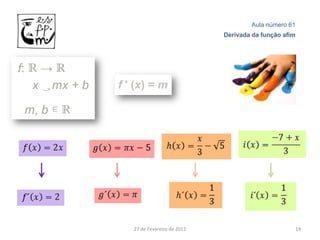 Aula número 61
                          Derivada da função afim




27 de Fevereiro de 2012                         14
 