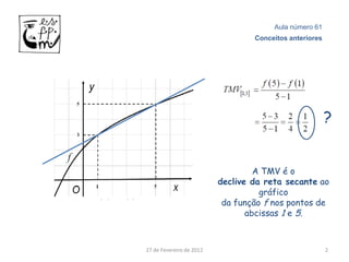 Aula número 61
                                  Conceitos anteriores




                                                         ?


                                   A TMV é o
                          declive da reta secante ao
                                    gráfico
                           da função f nos pontos de
                                 abcissas 1 e 5.



27 de Fevereiro de 2012                                  2
 
