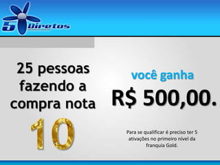 25 pessoas
fazendo a
compra nota
você ganha
R$ 500,00.
Para se qualificar é preciso ter 5
ativações no primeiro nível da
franquia Gold.
 