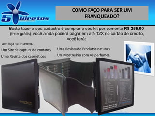 Basta fazer o seu cadastro é comprar o seu kit por somente R$ 255,00
(frete grátis), você ainda poderá pagar em até 12X no cartão de crédito,
você terá:
5 indicações
Um loja na internet.
Um Site de captura de contatos
Uma Revista dos cosméticos
Uma Revista de Produtos naturais
Um Mostruário com 40 perfumes.
COMO FAÇO PARA SER UM
FRANQUEADO?
 