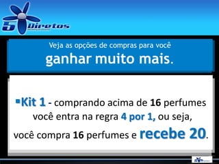 Veja as opções de compras para você
ganhar muito mais.
Kit 1 - comprando acima de 16 perfumes
você entra na regra 4 por 1, ou seja,
você compra 16 perfumes e recebe 20.
 