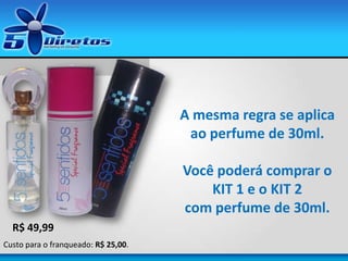 A mesma regra se aplica
ao perfume de 30ml.
Você poderá comprar o
KIT 1 e o KIT 2
com perfume de 30ml.
R$ 49,99
Custo para o franqueado: R$ 25,00.
 