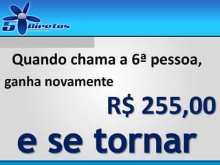 Quando chama a 6ª pessoa,
ganha novamente
R$ 255,00
 