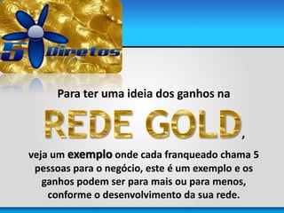 Para ter uma ideia dos ganhos na
,
veja um exemplo onde cada franqueado chama 5
pessoas para o negócio, este é um exemplo e os
ganhos podem ser para mais ou para menos,
conforme o desenvolvimento da sua rede.
 