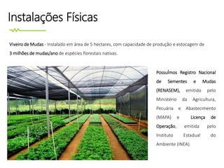 Instalações Físicas
Viveiro de Mudas - Instalado em área de 5 hectares, com capacidade de produção e estocagem de
3 milhões de mudas/ano de espécies florestais nativas.
PossuÍmos Registro Nacional
de Sementes e Mudas
(RENASEM), emitido pelo
Ministério da Agricultura,
Pecuária e Abastecimento
(MAPA) e Licença de
Operação, emitida pelo
Instituto Estadual do
Ambiente (INEA).
 