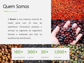 Quem Somos
A Biovert é uma empresa nacional de
médio porte com 25 anos de
experiência. Fornecemos produtos e
serviços no segmento de engenharia
florestal e ambiental com foco na
excelência de atendimento.
 