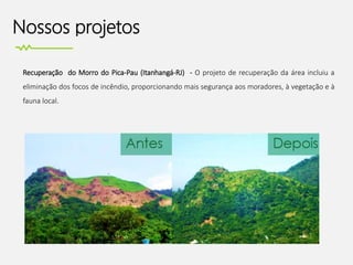 Nossos projetos
Recuperação do Morro do Pica-Pau (Itanhangá-RJ) - O projeto de recuperação da área incluiu a
eliminação dos focos de incêndio, proporcionando mais segurança aos moradores, à vegetação e à
fauna local.
 
