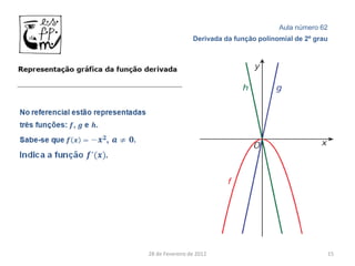 Aula número 62
                 Derivada da função polinomial de 2º grau




28 de Fevereiro de 2012                                 15
 
