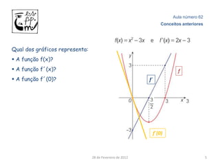 Aula número 62
                                                                   Conceitos anteriores




Qual dos gráficos representa:
 A função f(x)?
 A função f´(x)?                                                          f
 A função f´(0)?                                         f´




                                                               f´(0)



                                28 de Fevereiro de 2012                                   5
 