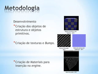 Desenvolvimento
*Criação dos objetos de
estrutura e objetos
primitivos.
*Criação de texturas e Bumps.
*Criação de Materiais para
inserção no engine.
Objeto primitivo sem
textura - 2011
Textura 2D grade -
2011
Material grade -2011
Bump da textura da
grade 2D – 2011
 