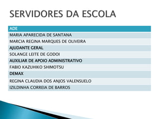 ADE 
MARIA APARECIDA DE SANTANA 
MARCIA REGINA MARQUES DE OLIVEIRA 
AJUDANTE GERAL 
SOLANGE LEITE DE GODOI 
AUXILIAR DE APOIO ADMINISTRATIVO 
FABIO KAZUHIKO SHIMOTSU 
DEMAX 
REGINA CLAUDIA DOS ANJOS VALENSUELO 
IZILDINHA CORREIA DE BARROS 
 