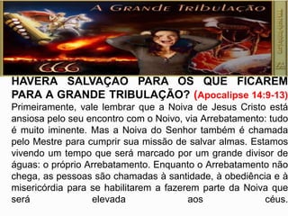 HAVERÁ SALVAÇÃO PARA OS QUE FICAREM
PARA A GRANDE TRIBULAÇÃO? (Apocalipse 14:9-13)
Primeiramente, vale lembrar que a Noiva de Jesus Cristo está
ansiosa pelo seu encontro com o Noivo, via Arrebatamento: tudo
é muito iminente. Mas a Noiva do Senhor também é chamada
pelo Mestre para cumprir sua missão de salvar almas. Estamos
vivendo um tempo que será marcado por um grande divisor de
águas: o próprio Arrebatamento. Enquanto o Arrebatamento não
chega, as pessoas são chamadas à santidade, à obediência e à
misericórdia para se habilitarem a fazerem parte da Noiva que
será elevada aos céus.
 