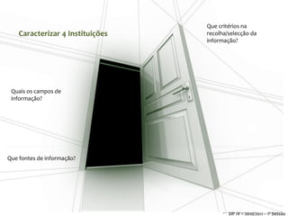 Que critérios na
    Caracterizar 4 Instituições   recolha/selecção da
                                  informação?




 Quais os campos de
 informação?




Que fontes de informação?




                                        SIP IV – 2011/2012 – 2ª Sessão
                                       SIPSIP– 2009/2011 – 1ª Sessão
                                           IV IV – 2010/2011 – 1ª Sessão
 