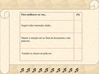  Para melhorar eu vou... (X) Seguir todas instruções dadas.     Manter a atenção até ao final do documento e das palavras.       Estudar as classes de palavras     