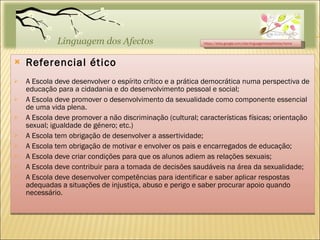 Referencial ético A Escola deve desenvolver o espírito crítico e a prática democrática numa perspectiva de educação para a cidadania e do desenvolvimento pessoal e social; A Escola deve promover o desenvolvimento da sexualidade como componente essencial de uma vida plena. A Escola deve promover a não discriminação (cultural; características físicas; orientação sexual; igualdade de género; etc.) A Escola tem obrigação de desenvolver a assertividade; A Escola tem obrigação de motivar e envolver os pais e encarregados de educação; A Escola deve criar condições para que os alunos adiem as relações sexuais; A Escola deve contribuir para a tomada de decisões saudáveis na área da sexualidade; A Escola deve desenvolver competências para identificar e saber aplicar respostas adequadas a situações de injustiça, abuso e perigo e saber procurar apoio quando necessário. https://sites.google.com/site/linguagemdosafectos/home 