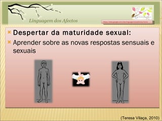 Despertar da maturidade sexual: Aprender sobre as novas respostas sensuais e sexuais https://sites.google.com/site/linguagemdosafectos/home (Teresa Vilaça, 2010)  