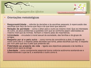 Orientações metodológicas Responsabilidade  – referida às decisões e às escolhas pessoais; à repercussão das escolhas que faço da forma que faço e do que terei que assumir. Relação de paridade  – como o olhar para o outro ao mesmo nível. Que os interesses do outro, os seus problemas e questões com que se confronta sejam valorizadas ao mesmo nível que as minhas. Tenham o mesmo peso de importância. Intimidade  – vinculada à moral sexual da sociedade, das famílias e do grupo de amigos. Respeito por si e pelo outro  – como norma da convivência a dois. O respeito do outro como ele é, o respeito pelas decisões que toma, pelas escolhas que faz. O respeito por mim pelo que sou e pelo que pretendo ser. Fidelidade ao projecto de vida  – ligada aos objectivos pessoais e às tarefas a desenvolver para os atingir. Liberdade  – como componente essencial duma vivência autónoma aceitando-se e desenvolvendo o que se é, e aceitando o outro como é. https://sites.google.com/site/linguagemdosafectos/home 