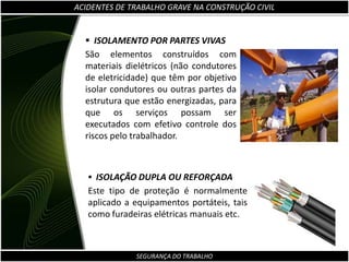 ACIDENTES DE TRABALHO GRAVE NA CONSTRUÇÃO CIVIL Poeira -manipulação de cimento e cal, preparação de concreto ou argamassa, movimentação de terra em geral, serviço de demolição, polimento de pisos, ação dos ventos, corte de madeiras etc.