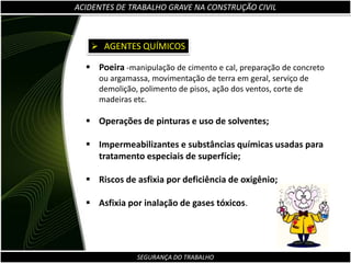 ACIDENTES DE TRABALHO GRAVE NA CONSTRUÇÃO CIVIL Para a definição de acidentes graves é necessário a existência de pelo menos um dos seguintes critérios:Necessidade de tratamento em regime de internação hospitalar;
