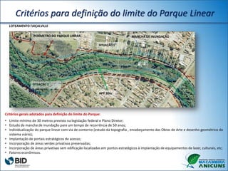 Critérios gerais adotados para definição do limite do Parque:
• Limite mínimo de 30 metros previsto na legislação federal e Plano Diretor;
• Estudo da mancha de inundação para um tempo de recorrência de 50 anos;
• Individualização do parque linear com via de contorno (estudo da topografia , encabeçamento das Obras de Arte e desenho geométrico do
sistema viário);
• Implantação de portais estratégicos de acesso;
• Incorporação de áreas verdes privativas preservadas;
• Incorporação de áreas privativas sem edificação localizadas em pontos estratégicos à implantação de equipamentos de lazer, culturais, etc;
• Fatores econômicos.
LOTEAMENTO FAIÇALVILLE
SITUAÇÃO 1
SITUAÇÃO 2
MANCHA DE INUNDAÇÃOPERÍMETRO DO PARQUE LINEAR
APP 30m
Critérios para definição do limite do Parque Linear
 