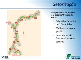 Setorização
Parque Linear foi dividido
em Setores/Trechos de
obras
• Extensão variando
de 1,5 a 4,0 km
• Melhor controle e
gestão
• Independência
funcional entre os
setores
S2
S1
S3
S5
S6
S7
S8
S9
S10
S11
Macambira
Pedreira
S4
 