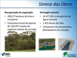 Síntese das Obras
Recuperação da vegetação
• 200,57 hectares de área a
recuperar
• Estimativa inicial de plantio
de 120.257 mudas de
espécies nativas do cerrado
Drenagem pluvial
• 24.477,80 m de galerias de
águas pluviais
• 1.455 Bocas de lobo
• 119 pontos de lançamentos
(dissipadores de energia)
 