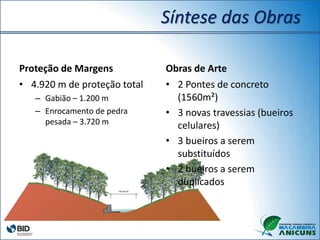 Síntese das Obras
Proteção de Margens
• 4.920 m de proteção total
– Gabião – 1.200 m
– Enrocamento de pedra
pesada – 3.720 m
Obras de Arte
• 2 Pontes de concreto
(1560m²)
• 3 novas travessias (bueiros
celulares)
• 3 bueiros a serem
substituídos
• 2 bueiros a serem
duplicados
 
