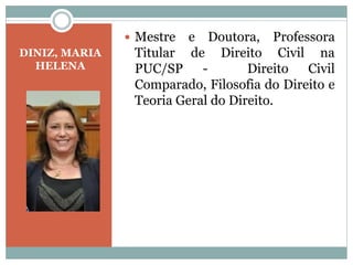 DINIZ, MARIA
HELENA
 Mestre e Doutora, Professora
Titular de Direito Civil na
PUC/SP - Direito Civil
Comparado, Filosofia do Direito e
Teoria Geral do Direito.
 