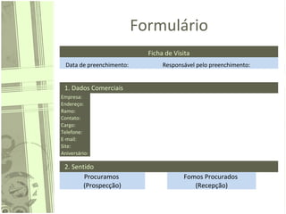 Formulário
Ficha de Visita
Data de preenchimento: Responsável pelo preenchimento:
1. Dados Comerciais
Empresa:
Endereço:
Ramo:
Contato:
Cargo:
Telefone:
E-mail:
Site:
Aniversário:
2. Sentido
Procuramos
(Prospecção)
Fomos Procurados
(Recepção)
 