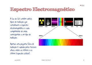 Espectro Electromagnético
A luz do Sol contém vários
tipos de radiação que
constituem o espectro
electromagnético e cada
comprimento de onda
corresponde a um tipo de
radiação.

Apenas uma pequena faixa de
radiação é captada pelos nossos
olhos, entre os 400nm e os
700nm (espectro visível).

     www.joaoleal.net             Formador: João José Leal   16
 