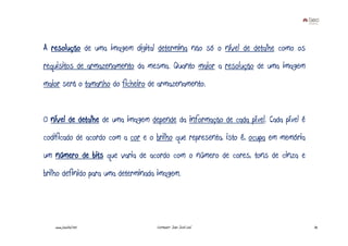 A resolução de uma imagem digital determina não só o nível de detalhe como os
requisitos de armazenamento da mesma. Quanto maior a resolução de uma imagem
maior será o tamanho do ficheiro de armazenamento.


O nível de detalhe de uma imagem depende da informação de cada píxel. Cada píxel é
codificado de acordo com a cor e o brilho que representa, isto é, ocupa em memória
um número de bits que varia de acordo com o número de cores, tons de cinza e
brilho definido para uma determinada imagem.




   www.joaoleal.net                 Formador: João José Leal                         32
 